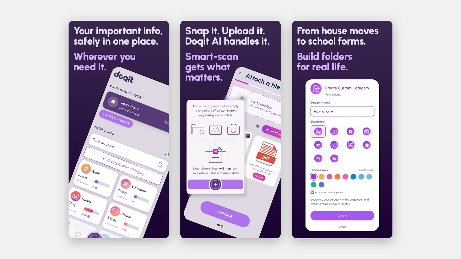 DoqitのApp Storeスクリーンショット3枚：ダッシュボード、Smart-Scanでのファイル追加、カスタムカテゴリの作成