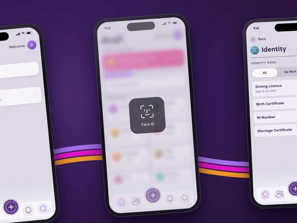 ぼかしたダッシュボードの上に、ネイティブのFace IDプロンプトが表示されたDoqitのスマートフォン画面