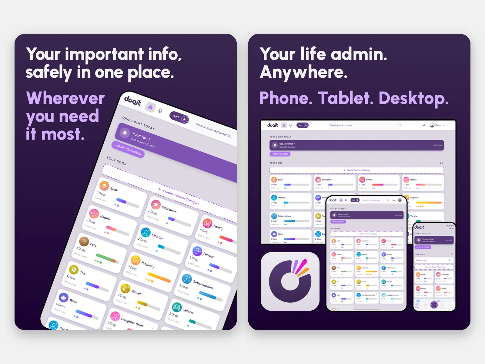 DoqitのApp Storeスクリーンショット2枚：iPadのダッシュボードと、スマートフォン、タブレット、デスクトップで動くDoqit