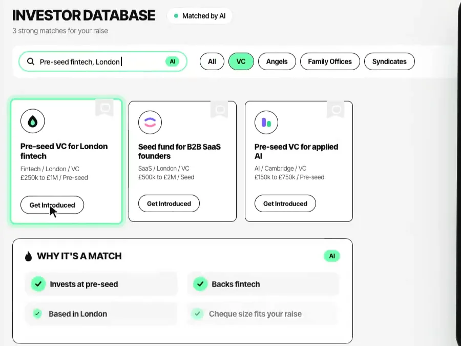 「Pre-seed fintech, London」で検索して3件に絞り込まれたJetpackの投資家データベースと、最も合う投資家の理由