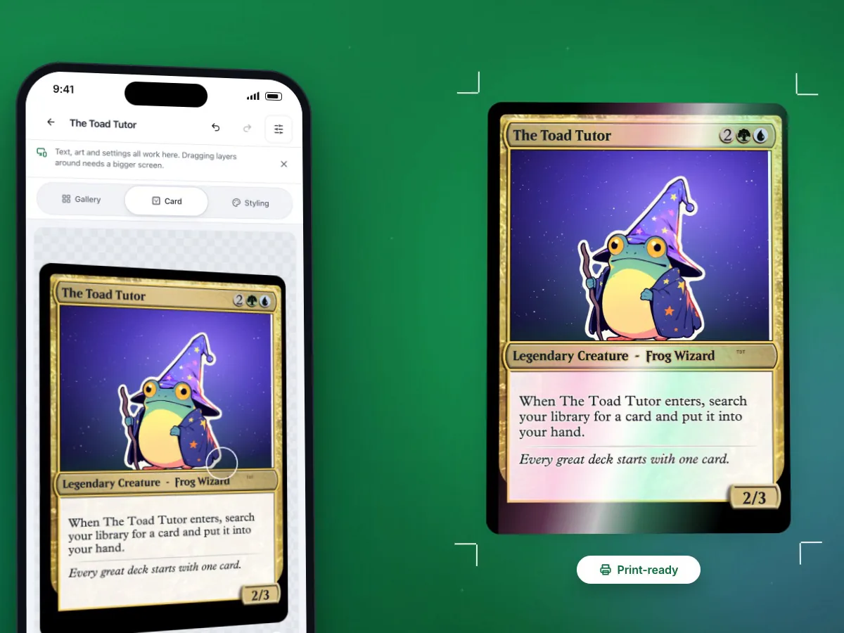 トンボと「印刷可能」ラベルが付いたオリジナルカード「The Toad Tutor」と、スマートフォンのカードエディター