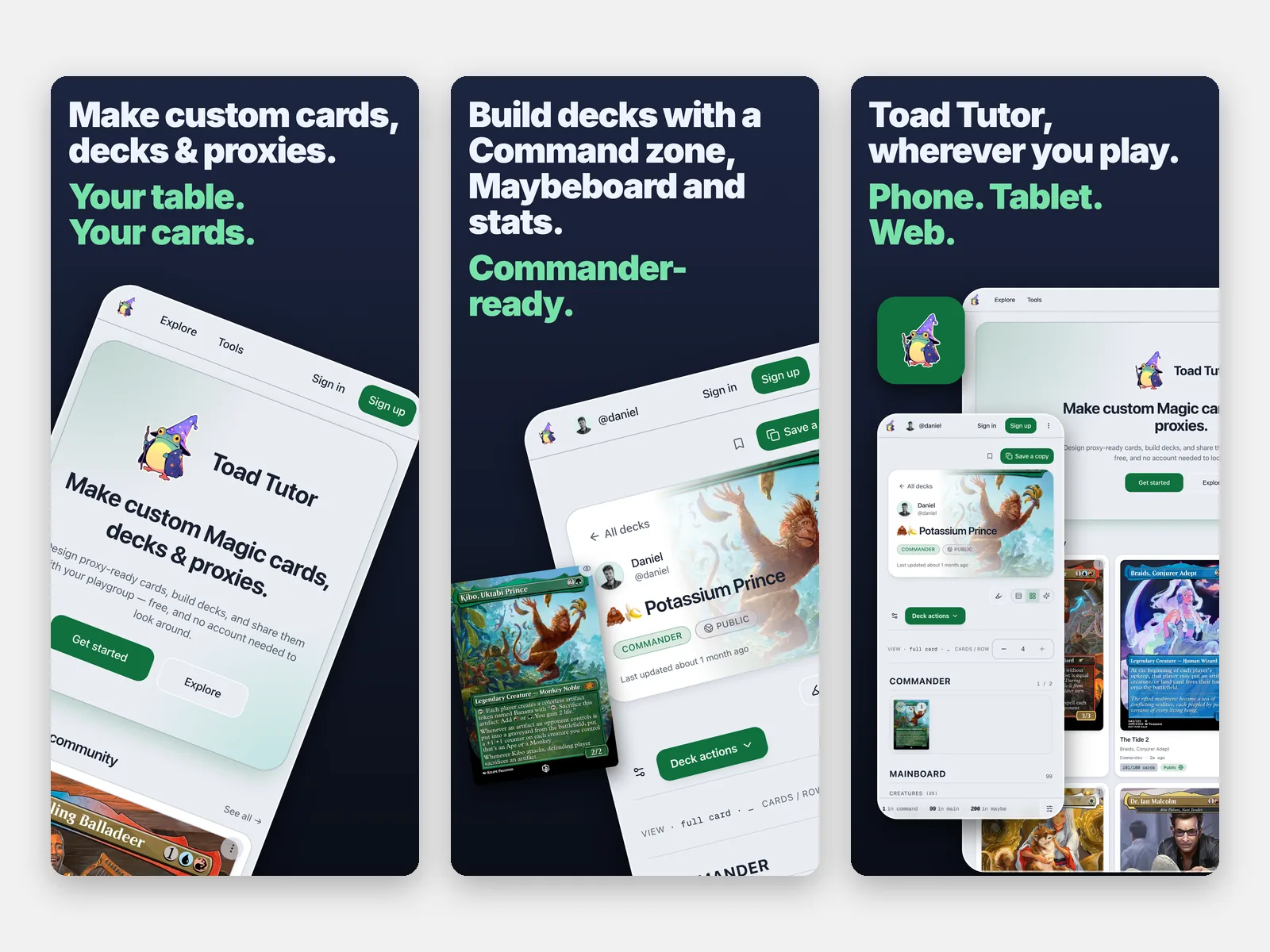 Toad TutorのApp Storeスクリーンショット3枚：ランディングページ、Commanderデッキ、スマートフォン・タブレット・Webで動くアプリ